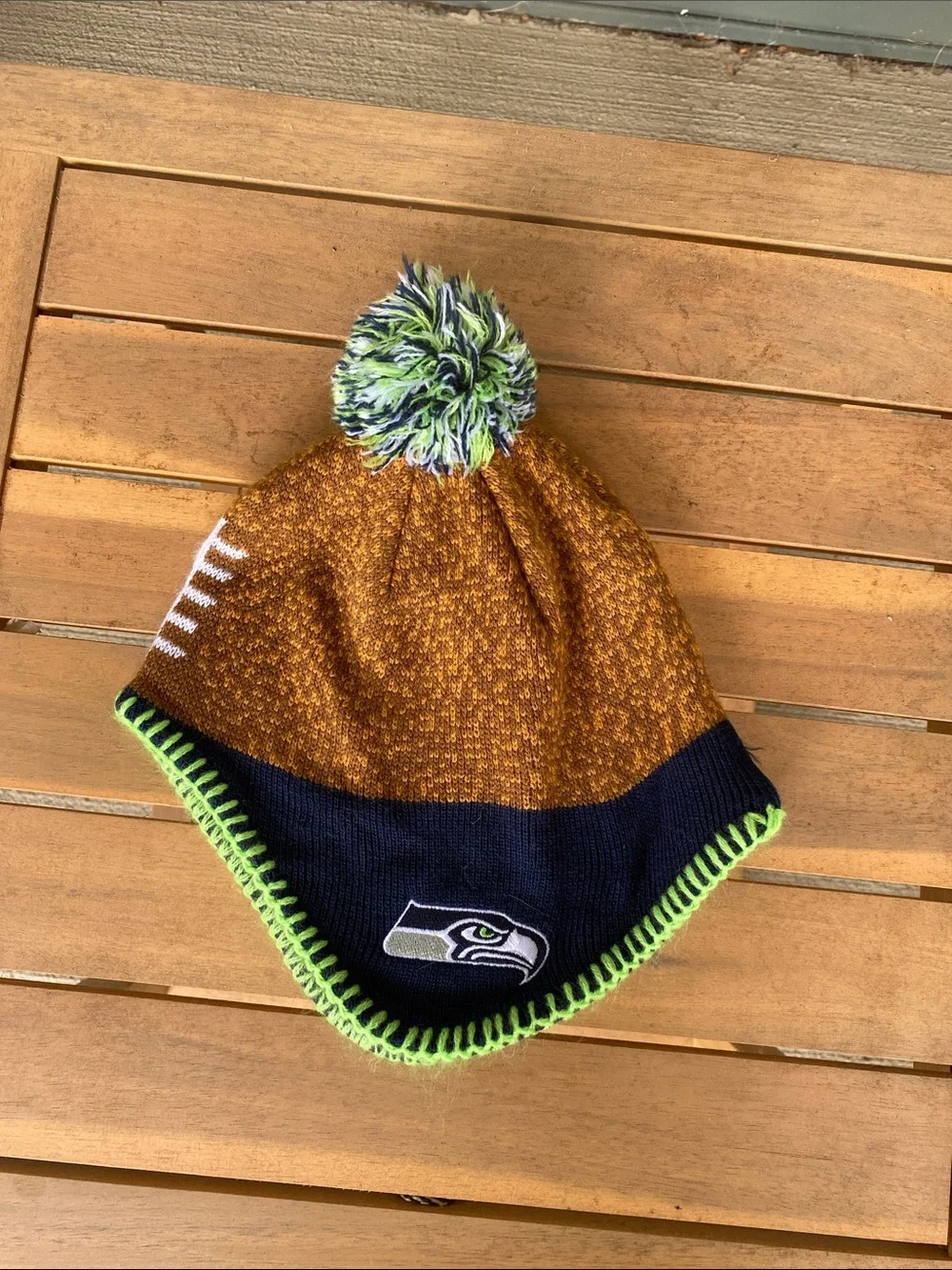 Kids Seahawks Pom Beanie - Navy, Brown, Lime